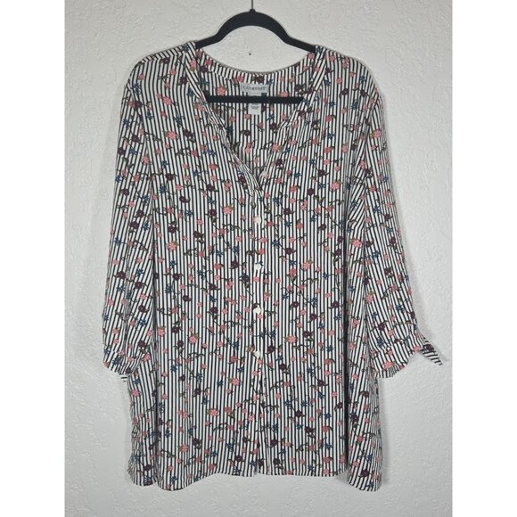 CATHERINES Womens Top Floral Striped Button Up Size 3X Blouse Office - Picture 1 of 5